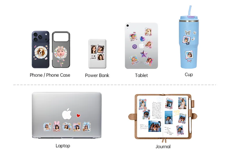 Stickers personalizados para teléfonos, powerbanks, tablets, vasos, laptops y libretas